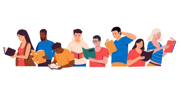 Mensen groeperen met boeken. Cartoon mannen en vrouwen in het bezit en lezen van boeken, self-education concept — Stockvector