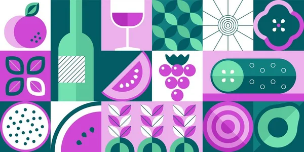 Comida abstracta. Frutas y verduras geométricas minimalistas en bandera brutalista. Ilustración de alimentos orgánicos vectoriales — Archivo Imágenes Vectoriales