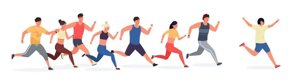 Corredor de dibujos animados. Personas en ropa deportiva correr y correr, hombres y mujeres deportistas en el entrenamiento en grupo. Ilustración vectorial — Archivo Imágenes Vectoriales