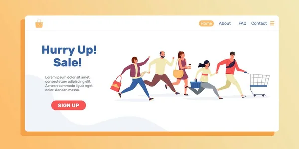 Shopping people landing page. Sale and discount web site template with running persons. Vektorwebseite — Stockvektor