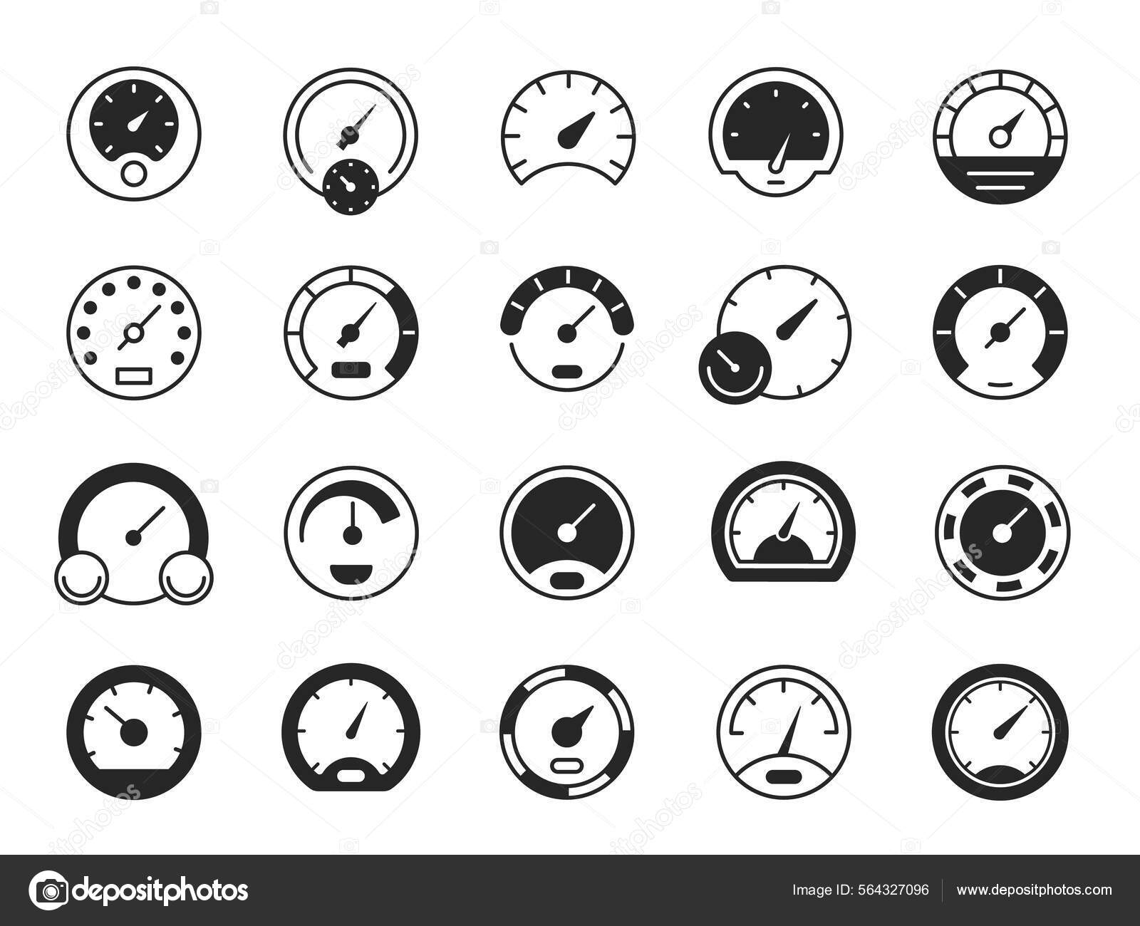 Speedometer black icons. Speed dashboard gauge symbol, flat device upload and download indicator