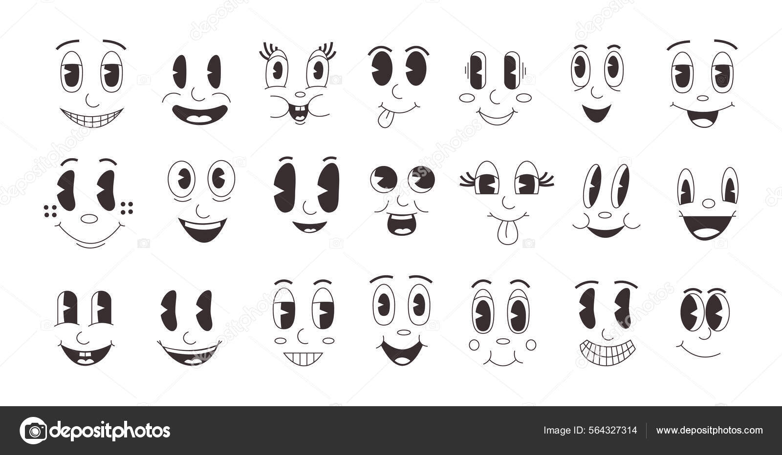 rostos de desenhos animados. boca e olhos expressivos, sorriso