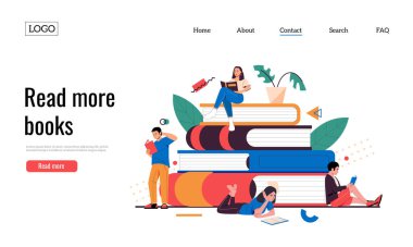 Kitaplar yere iniyor. Genç karakterlerin kitap okuduğu bir web sitesi tasviri. Vektör öz eğitim web sayfası