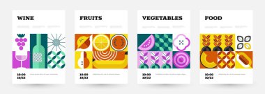 Geometrik gıda posteri. Yiyecek pazarı ve bakkal için minimalist meyve ve sebze içeren soyut bir pankart. Vektör seti