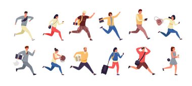 İnsanları telaşlandırmak. Çizgi film insanları işe geç kalıyor, kadın ve erkek karakterler günlük giysiler içinde koşuyor ve koşuyor. Vektör seti