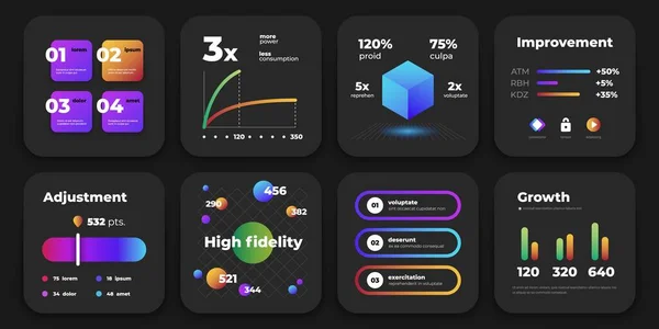 Infographic cards. Business presentation mockup with charts graphics diagram on dark background. Vector modern set — 스톡 벡터