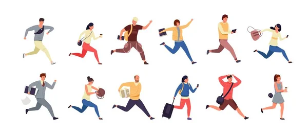 Hurrying people. Cartoon people late for work, men and women characters in casual clothes running and jogging. Vector set — стоковый вектор