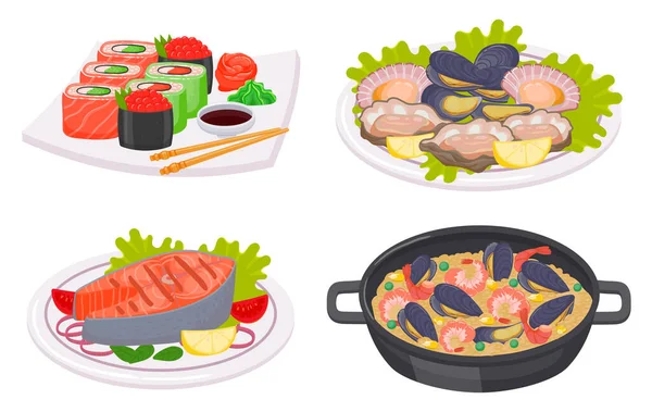 Desenhos animados coleta de pratos de frutos do mar, salmão e molusco — Vetor de Stock