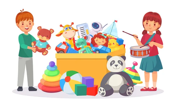 Χαρούμενα παιδιά που παίζουν με παιχνίδια σε κουτί μαζί. — Διανυσματικό Αρχείο