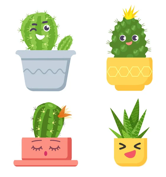 Cute cactus with faces collection, succulent plant — Vector de stock