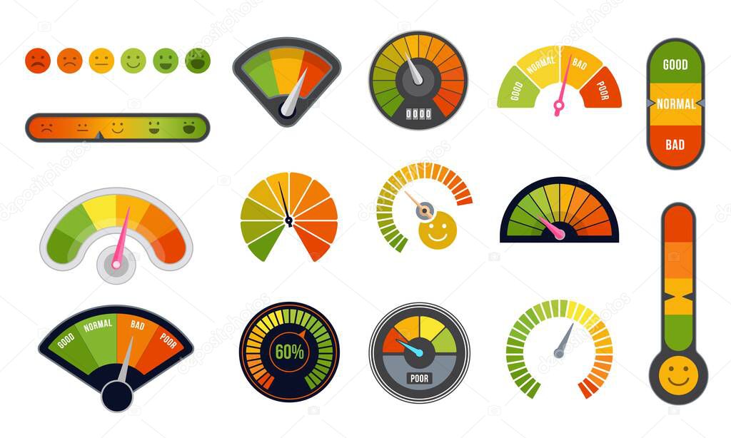 Customer satisfaction meter set. Vector quality indicator and business rating counter. Vector infographic isolated set