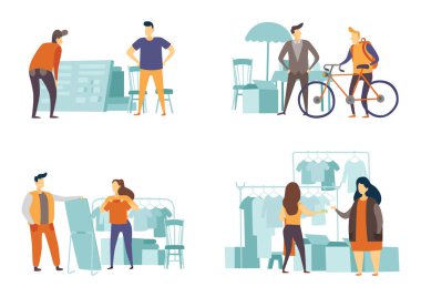 Bit pazarı eski moda şeyler satıyor, satıcı ve müşteri