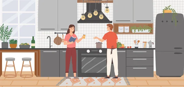 Familj matlagning hemma kök, laga middag eller lunch — Stock vektor