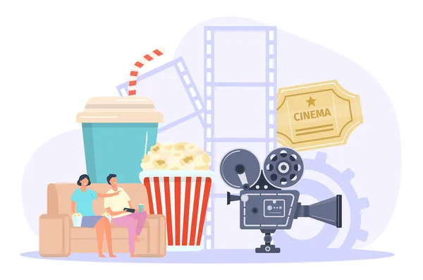 Online cinema concepts, pop corn and camera — Vector de stock