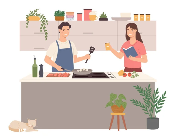 Orang memasak di rumah, pasangan bahagia di dapur - Stok Vektor