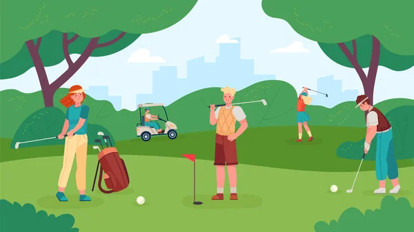 Gente jugando al golf en el parque verde con césped — Vector de stock