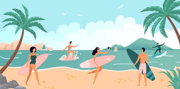 夏の海のアクティビティ、海の波でサーフィン — ストックベクタ