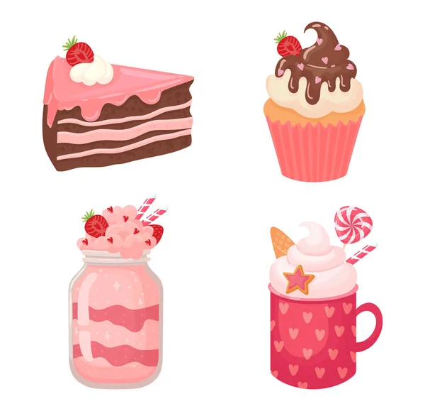 Pastel de dibujos animados dulces y batido con crema — Vector de stock