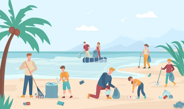 Dobrovolníci úklid pláže, sbírat odpadky na pobřeží — Stockový vektor
