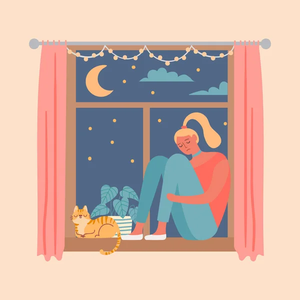 Menina triste jovem senta-se no peitoril da janela com gato — Vetor de Stock