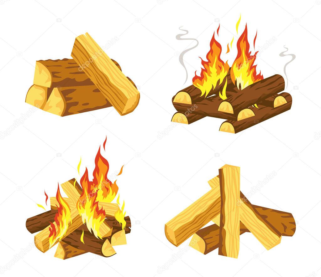 Set of wood campfire, camp bonfire isolated
