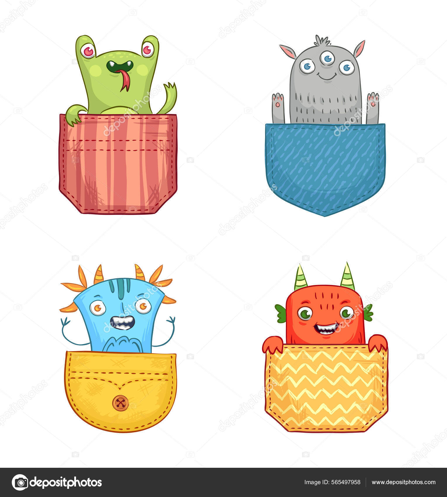Cartoon Pocket Monster Collection, Cute Animal Concept Векторное.