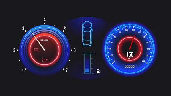 Auto dashboard. Elektrische auto snelheidsmeter kilometerteller en toerenteller meters met brandstof en olie niveau indicatoren. Vectorillustratie — Stockvector