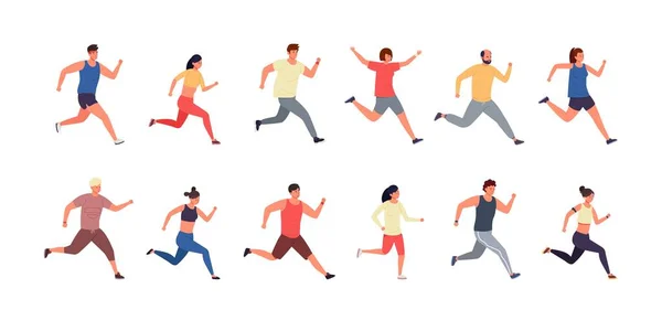 Courir les gens. Athlète de bande dessinée et coureur hommes et femmes portant des vêtements de sport, jogging et marathon de course. Ensemble isolé vectoriel — Image vectorielle