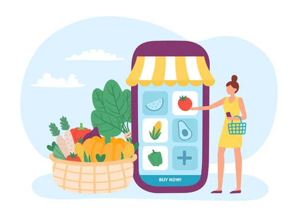 Online pertanian makanan organik, membeli dalam aplikasi - Stok Vektor