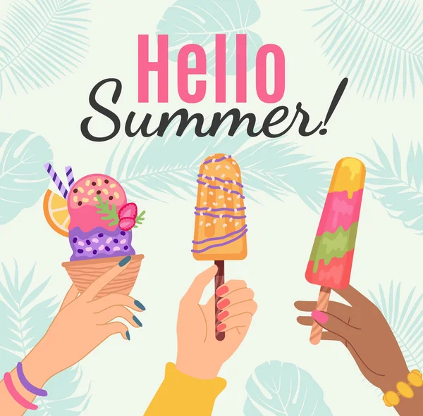 Hello summer banner or poster, hand hold ice cream — Stock Vector