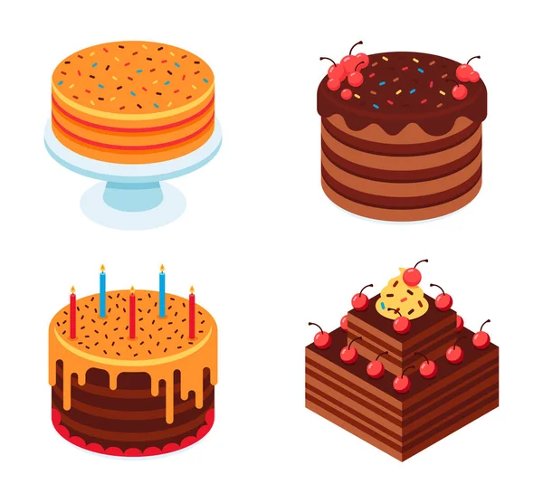 Isometric cakes to holiday birthday of collection — Vector de stock