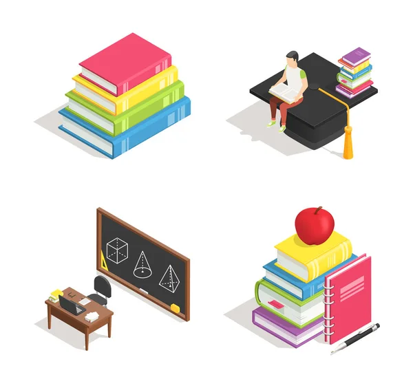 Icona dell'istruzione universitaria isometrica, pila di libri e studio — Vettoriale Stock