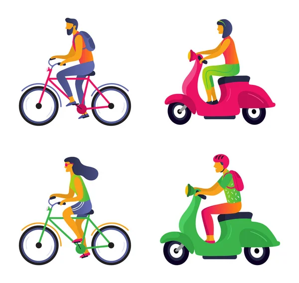 People on city transport, bicycle and motorcycle — Image vectorielle