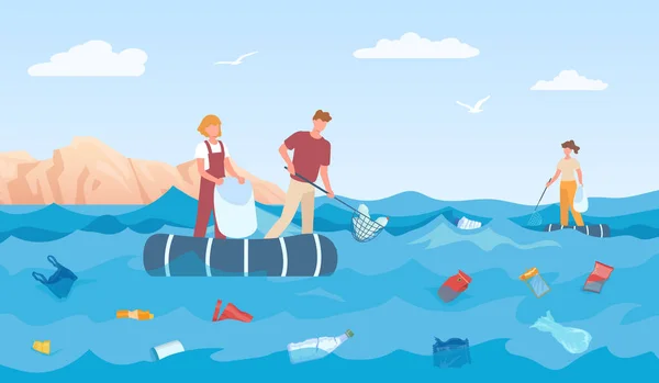 Gönüllüler denizi temizler, çöpleri ve plastikleri toplar — Stok Vektör
