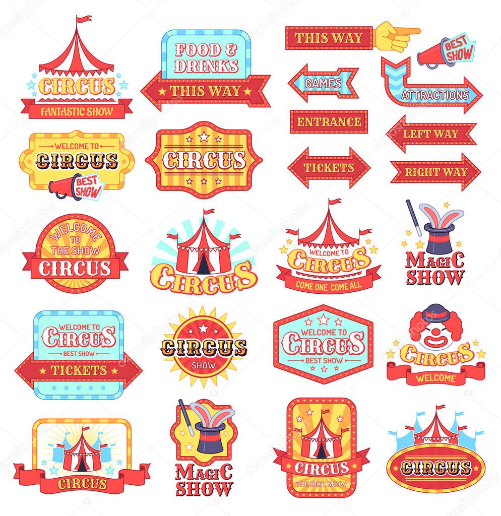 Vintage circus labels, fun entertaiment emblem collection. Vector entertainment circus emblem, retro and vintage show carnival illustration