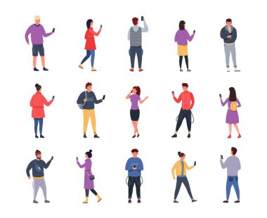 Telefonları olan bir kalabalık. Akıllı telefondan konuşan çizgi film karakterleri, aletleri olan kadın ve erkekler. Vektör seti