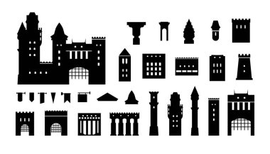 Castle silhouette. Medieval fortress constructor kit with towers walls and gate black elements. Vector ancient gothic monastery