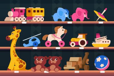 Shelf with toys. Cartoon shop shelves with colorful kid toys, various transport animals and puzzles. Vector children toyshop illustration clipart