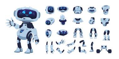 Robot animasyon seti. Çizgi film android karakteri, yapay zekası, çeşitli başlı bacakları, kolları ve vücudu var. Vektör şirin gelecekçi robot