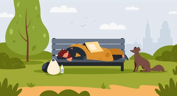 Homeless on street. Cartoon dirty poor man character sleeping outdoor covered with newspapers. Vector homeless person illustration — Vettoriale Stock