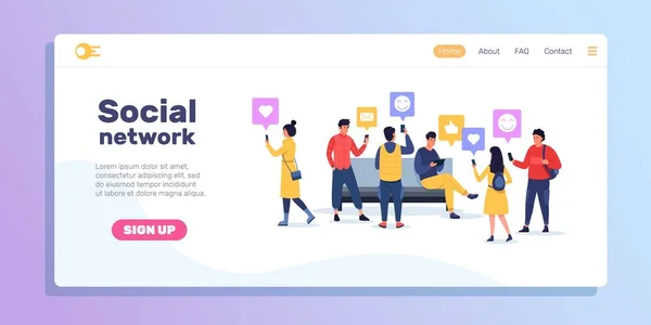 People social landing. Persons communicating via smart devices in social media network. Vector likes and reaction web site template. — Stockvector