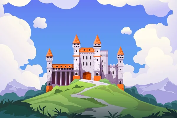 Paesaggio medievale castello. Cartone animato castello medievale con torri e mura in pietra, palazzo delle fiabe e castello della principessa. sfondo fantasia vettoriale — Vettoriale Stock