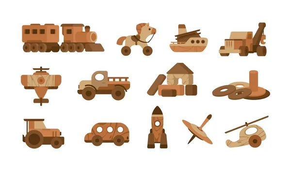 Giocattoli di legno. Laboratorio di giocattoli dei cartoni animati, nave treno in legno e animali, diversi puzzle per bambini isolati su bianco. Set vettoriale — Vettoriale Stock