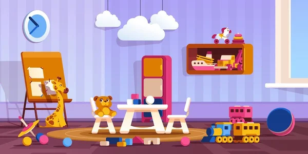 Детская комната. Мультфильм милая игровая комната с цветными игрушками, дошкольный класс с книжными полками и игрушками для активного отдыха. Векторная иллюстрация — стоковый вектор