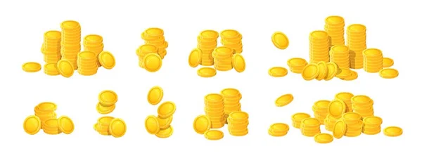 Golden coins stacks. Cartoon interface elements for online web casino and mobile application, reward game art. Vector isolated set — Archivo Imágenes Vectoriales