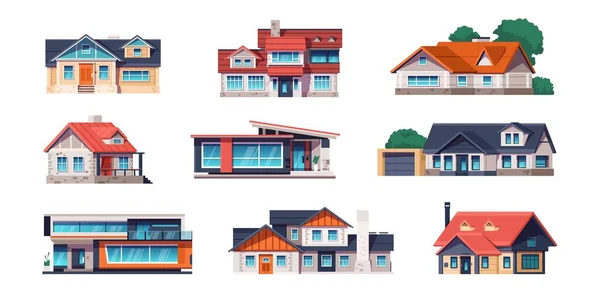 Cartoon cottage houses. Country and city building for rent, village modern and rural two-story real estate. Vector isolated set — Stockvektor