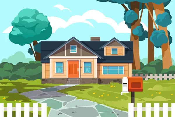 Suburban cottage. Cartoon country house exterior, neighborhood home with yard and lawn, countryside building. Vector home front side illustration — Stockvektor