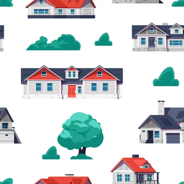 Cottage house pattern. Cartoon country building seamless print with town houses exterior. Vector rural texture — Stockvektor