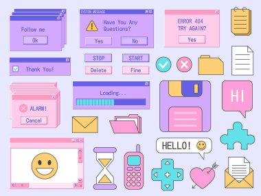 Retro bilgisayar etiketi. Sistem mesajlarıyla eski bilgisayar arayüzü, ineklerin teknoloji retrodalga ikonları. Vektör modayı dijital izole
