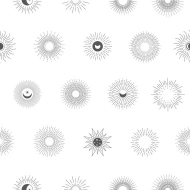 Çizgi güneş deseni. Güneş bohem dekoratif ana hatlarıyla kusursuz bir iz. Vektör dokusu